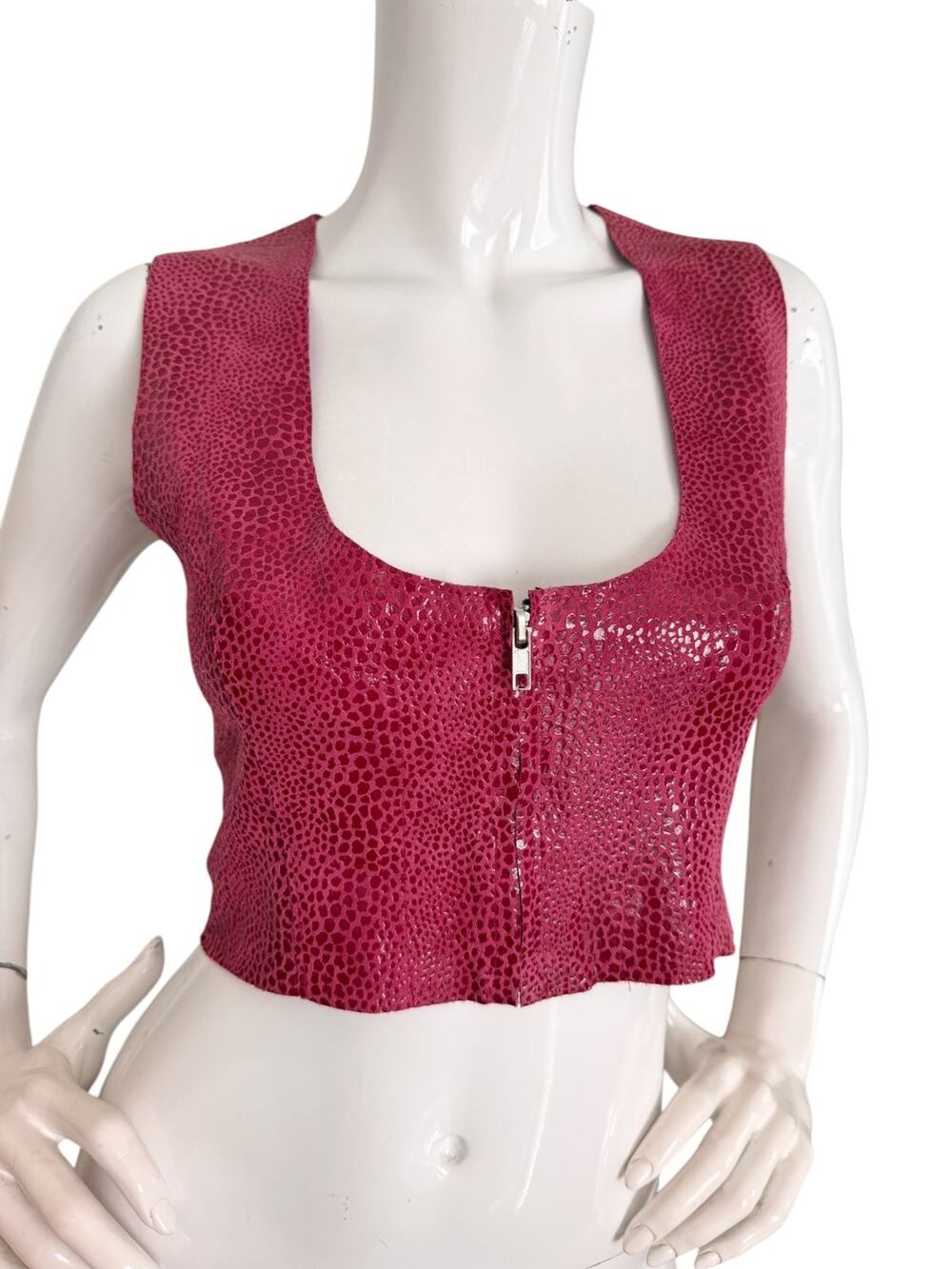 Vintage 90s Y2K Red Balls on Fire Snakeskin Embossed Leather Zip Crop Vest Top M